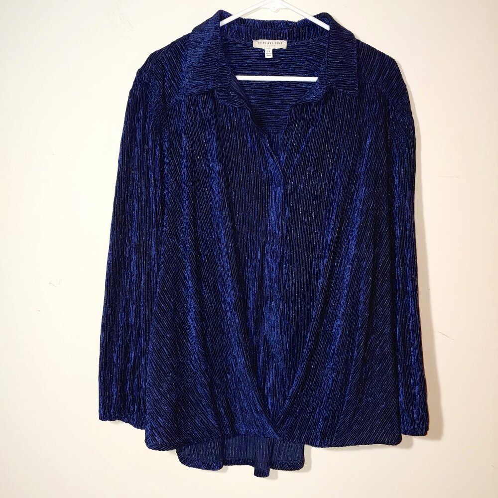 Skies are Blue Maya Navy Velvet Metallic Button down Top Blouse Plus Sz. 2X